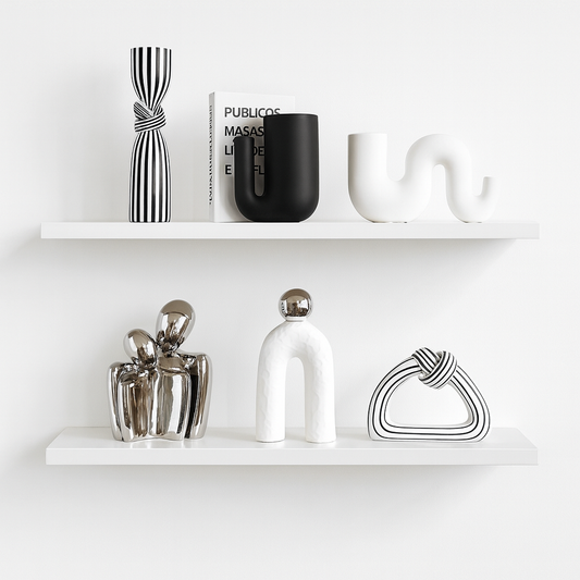 Decorative items on white shelves against a white wall