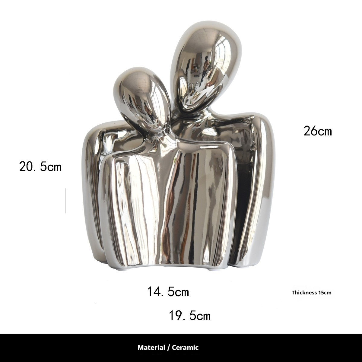 Ceramic sculpture of a couple in an embrace with dimensions labeled on a white background.