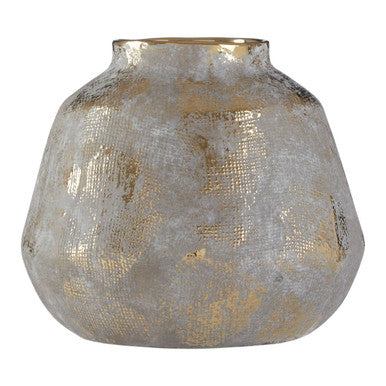 Decorative vase with textured surface and gold accents on a white background