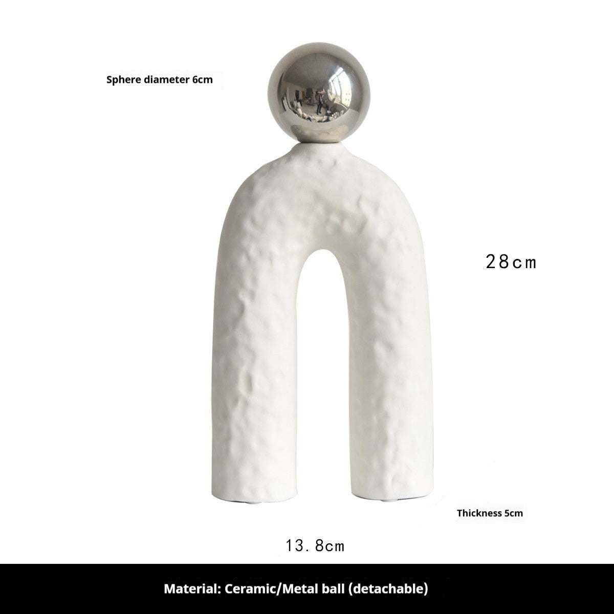 Decorative object with a ceramic arch and metal sphere, showing measurements and material details.
