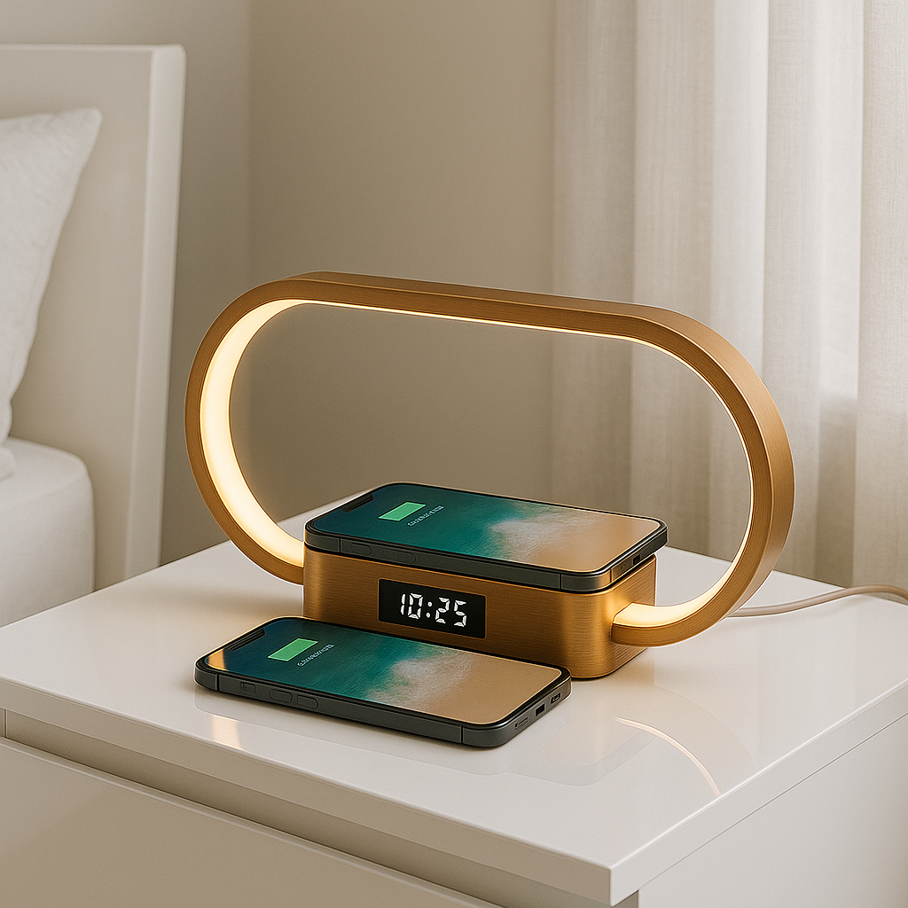 Modern nightstand lamp with wireless charging pad on a white surface.