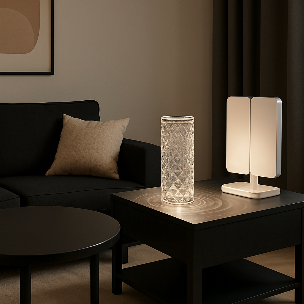 Modern table lamp with geometric design on a dark wooden table in a dimly lit room.