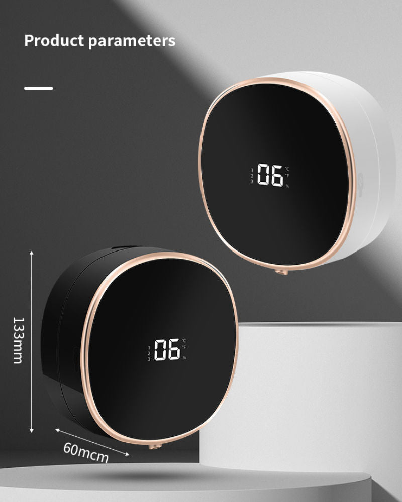 Two circular electronic devices with digital displays on a gray background, showing product parameters.