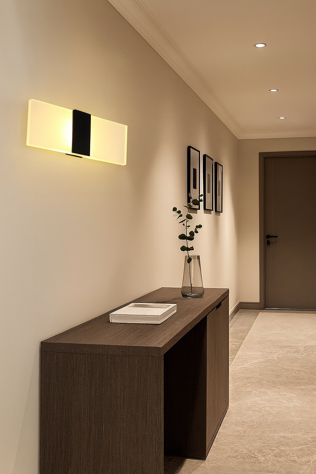 Modern hallway with a wooden console table, decorative plant, and wall lights.