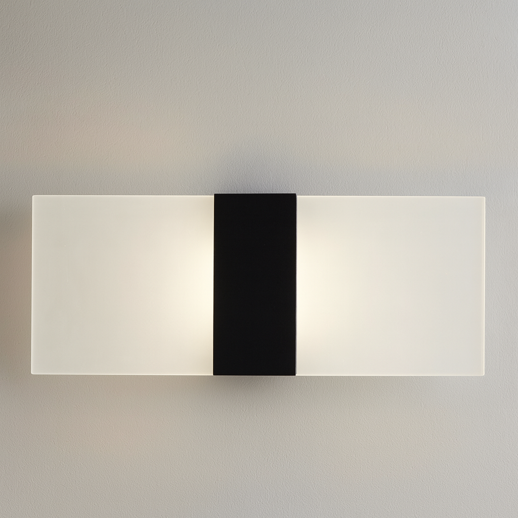 Wall-mounted light fixture with a black central panel on a gray background