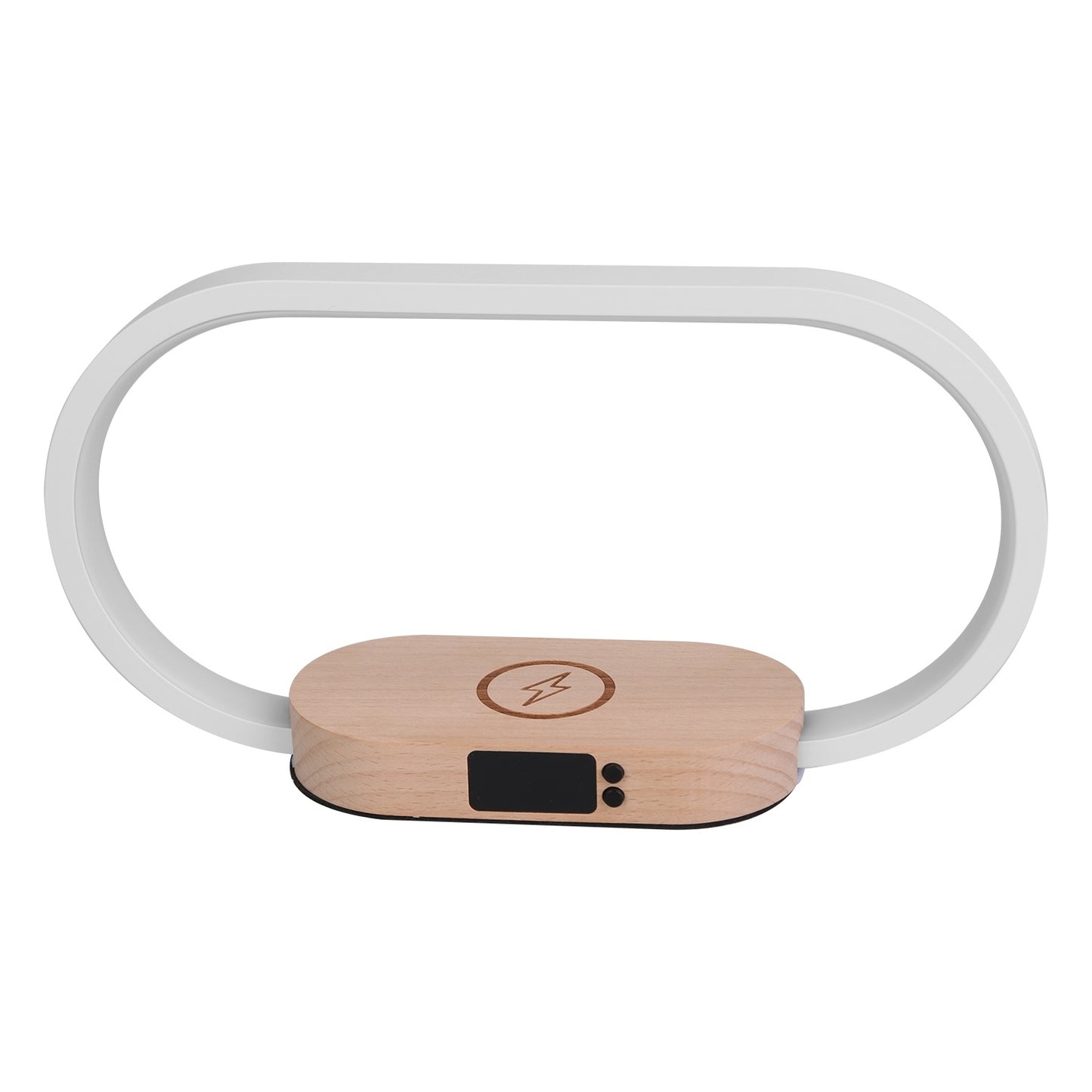Wooden wireless charging lamp device with a white band on a white background
