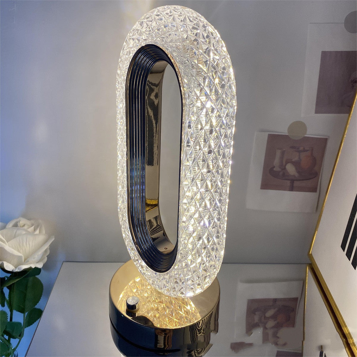 Crystal O-shaped touch desk lamp, gold base, DECASA by VS