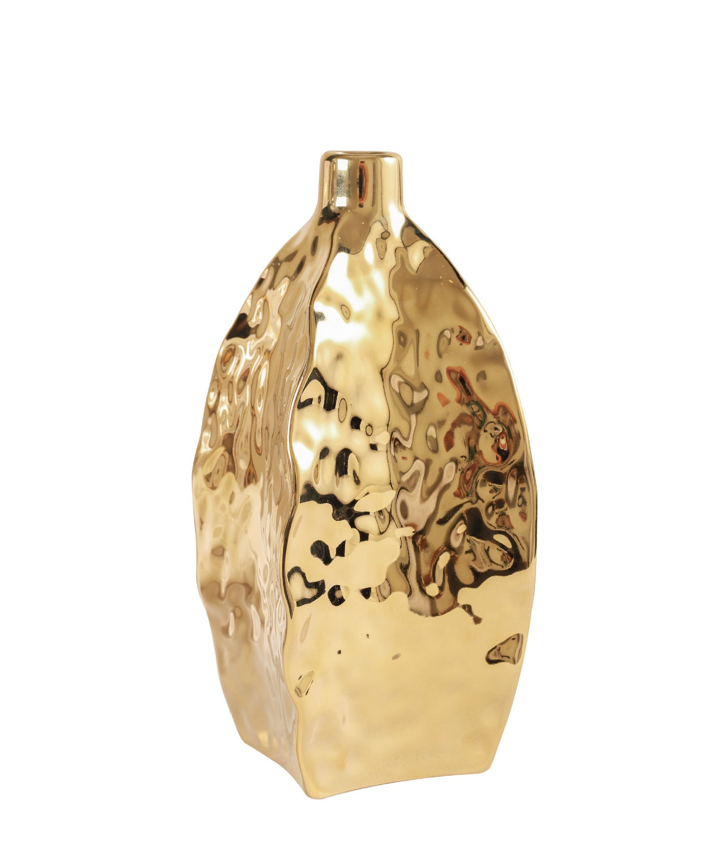 Hammered gold ceramic vase – irregular sculptural shape
Set of three hammered gold vases in S/M/L on table
Modern glam gold ceramic vase with white flowers – DECASA by VS