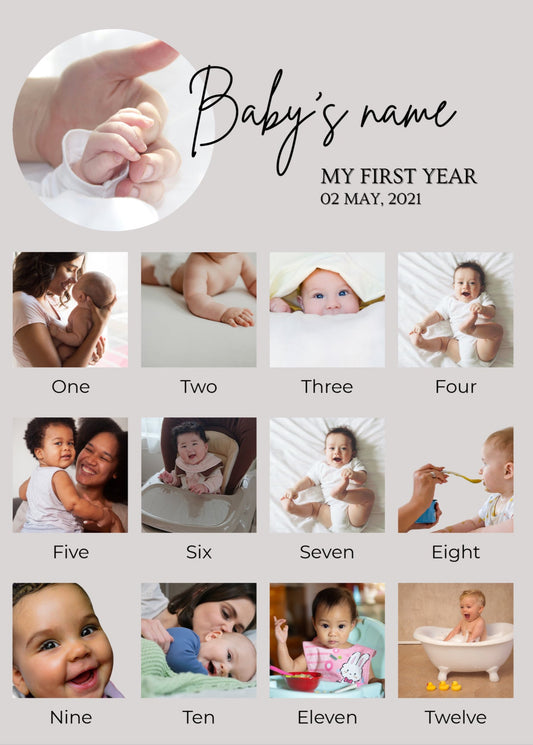 Baby milestone tracker with photos of a baby and a feeding tracker.