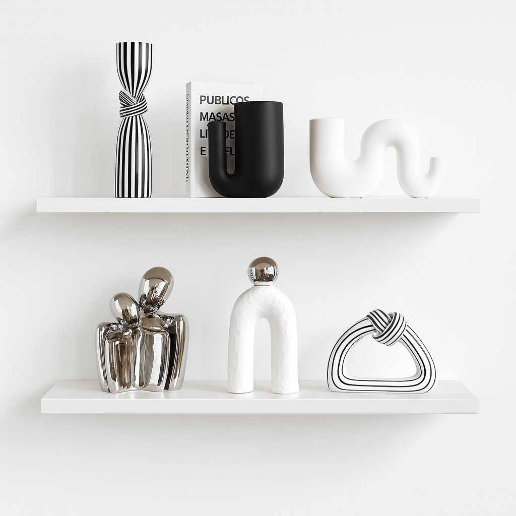 Decorative items on white shelves against a white wall