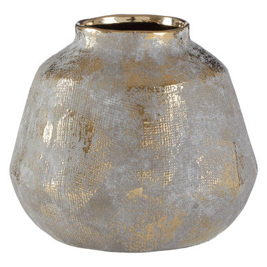 Decorative vase with gold and silver metallic finish on a white background