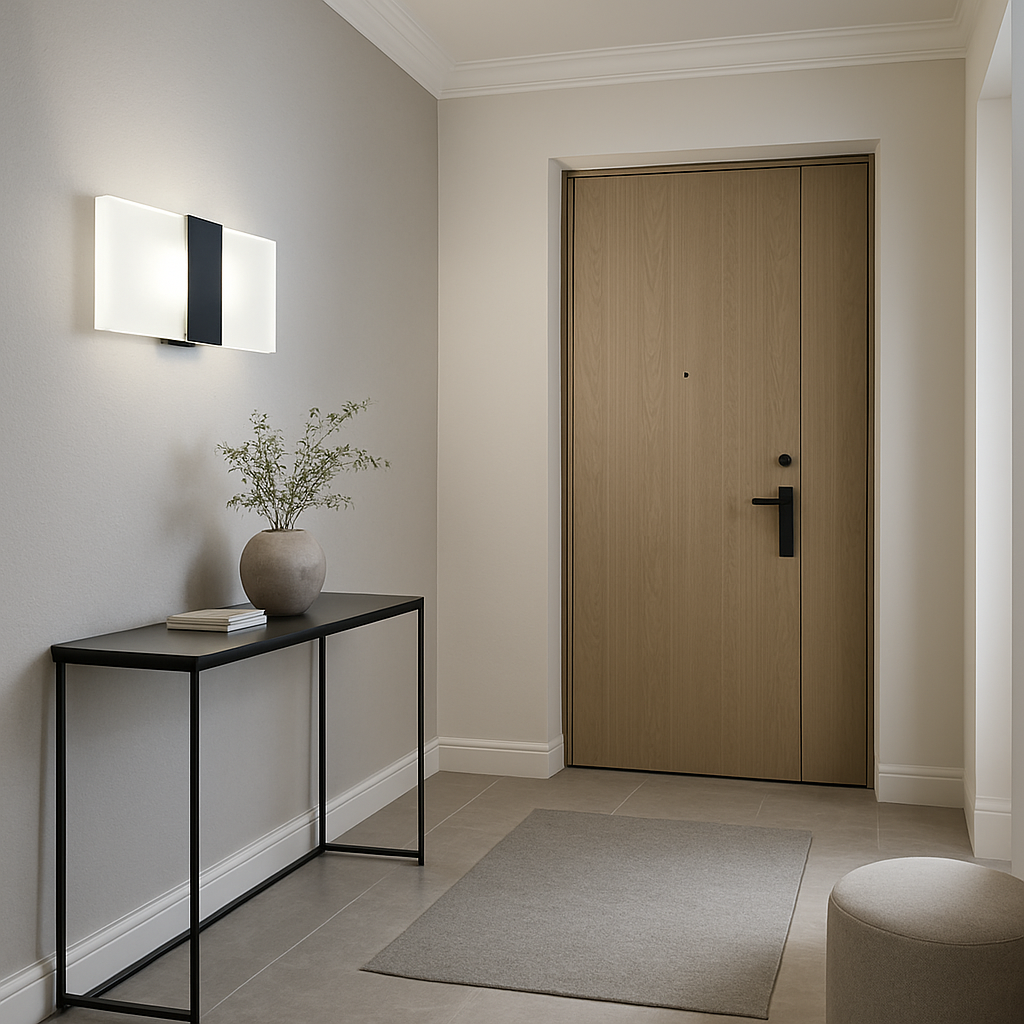 Modern interior with a wooden door, console table, and light fixture.