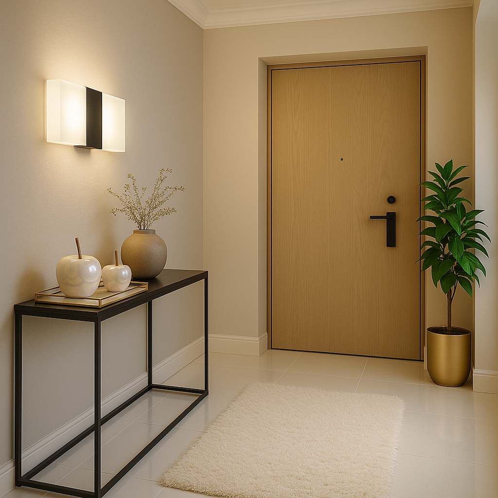 Modern interior with a wooden door, console table, and decorative items.