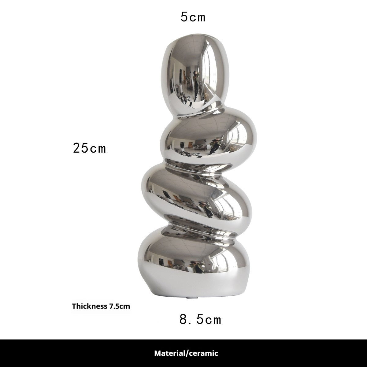 Silver ceramic vase with measurements on a white background