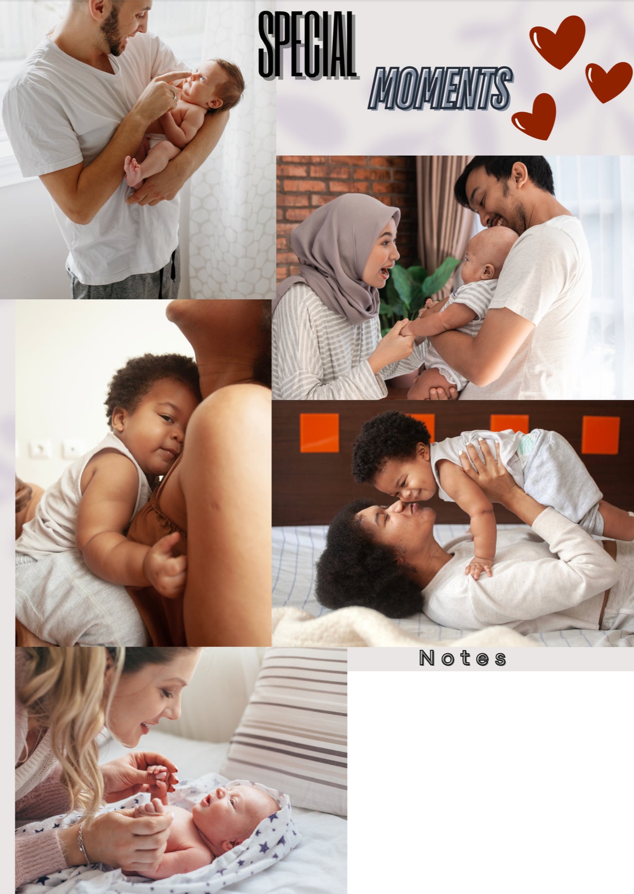 Collage of parents and babies with 'Special Moments' text and heart graphics.
