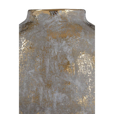 Decorative vase with textured surface and gold accents on a white background