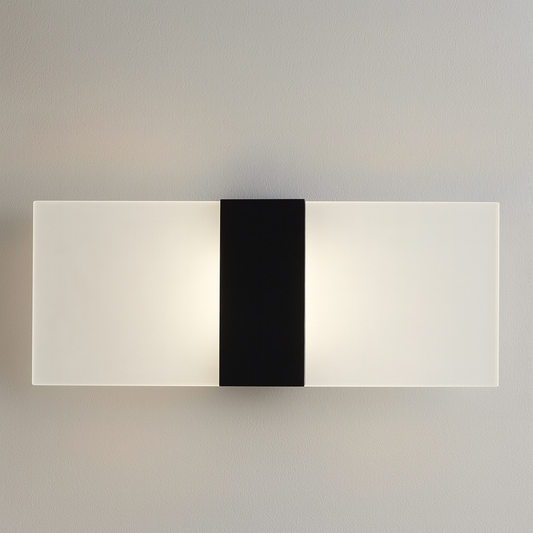 Wall-mounted light fixture with a black central panel on a gray background