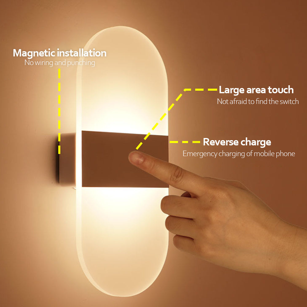 Wall-mounted light fixture with a hand touching it, highlighting features like magnetic installation, large area touch, and reverse charge.