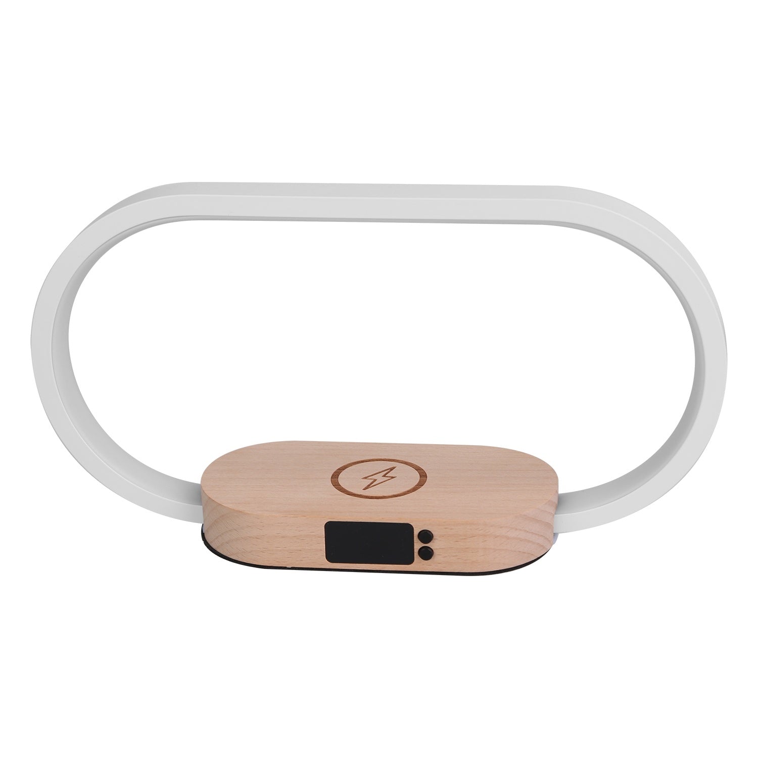 Wooden wireless charging lamp device with a white band on a white background